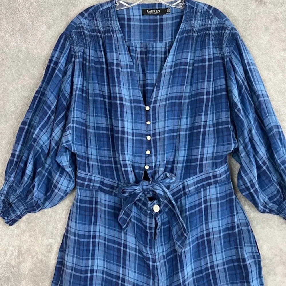 Ralph Lauren Black Label Romper Womens 14 Plaid 100% Linen Boho Cottagecore Boho